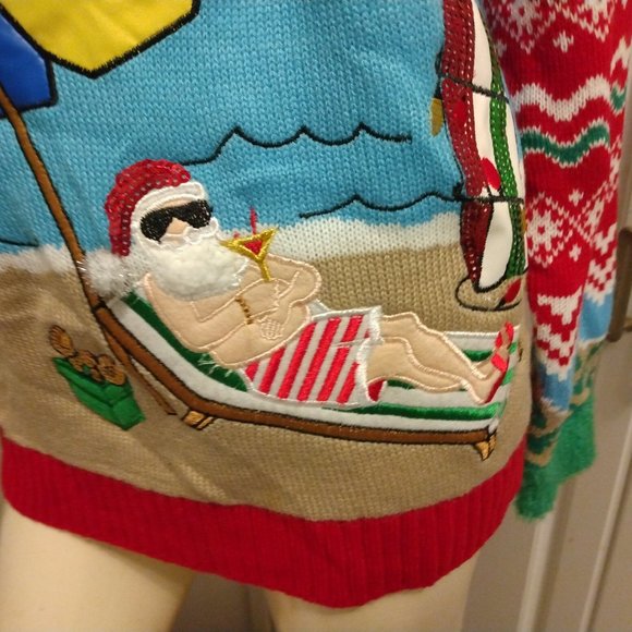 ❤️Santa on VACA Hooked Up Embroidery Leather Sequins UGLY CHRISTMAS SWEATER SZ L - Picture 4 of 12